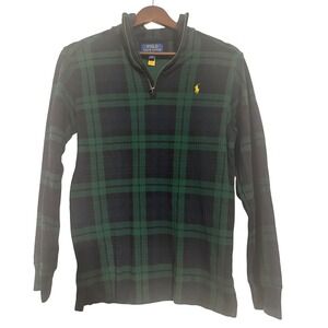 Polo Ralph Lauren Kids Plaid‎ 1/4 Zip Long Sleeve Shirt Green Navy Boys M